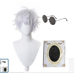 Jujutsu Kaisen Gojo Satoru Cosplay Wig Silver grey short hair Glasses Halloween